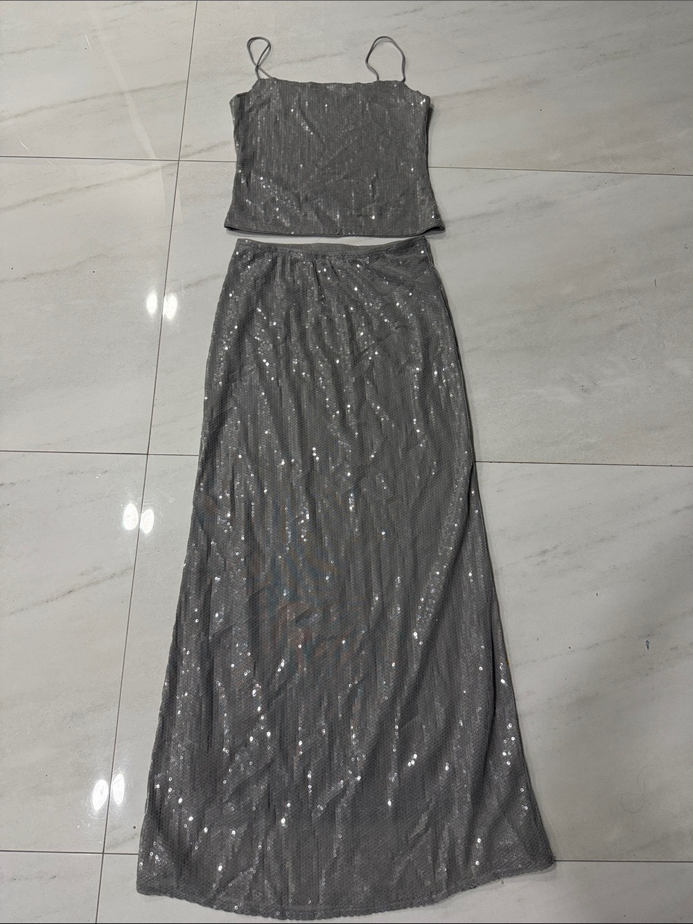 Source Unknown Silver Sequin Maxi Skirt